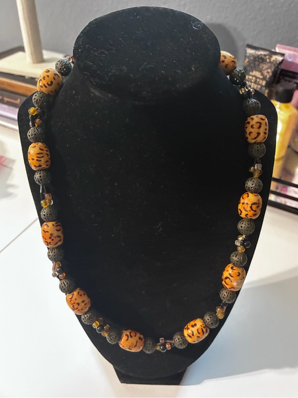 Handcrafted Leopard Print Orange Beaded Necklace - Women Jewelry